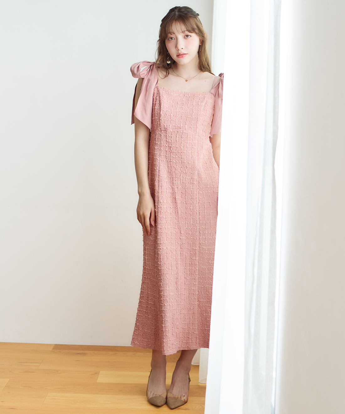 レディース ワンピース 胸元リボン 膝丈 パーティー c3558 ワンピース ドレス パーティー オフィス 結婚式 シフォン レース