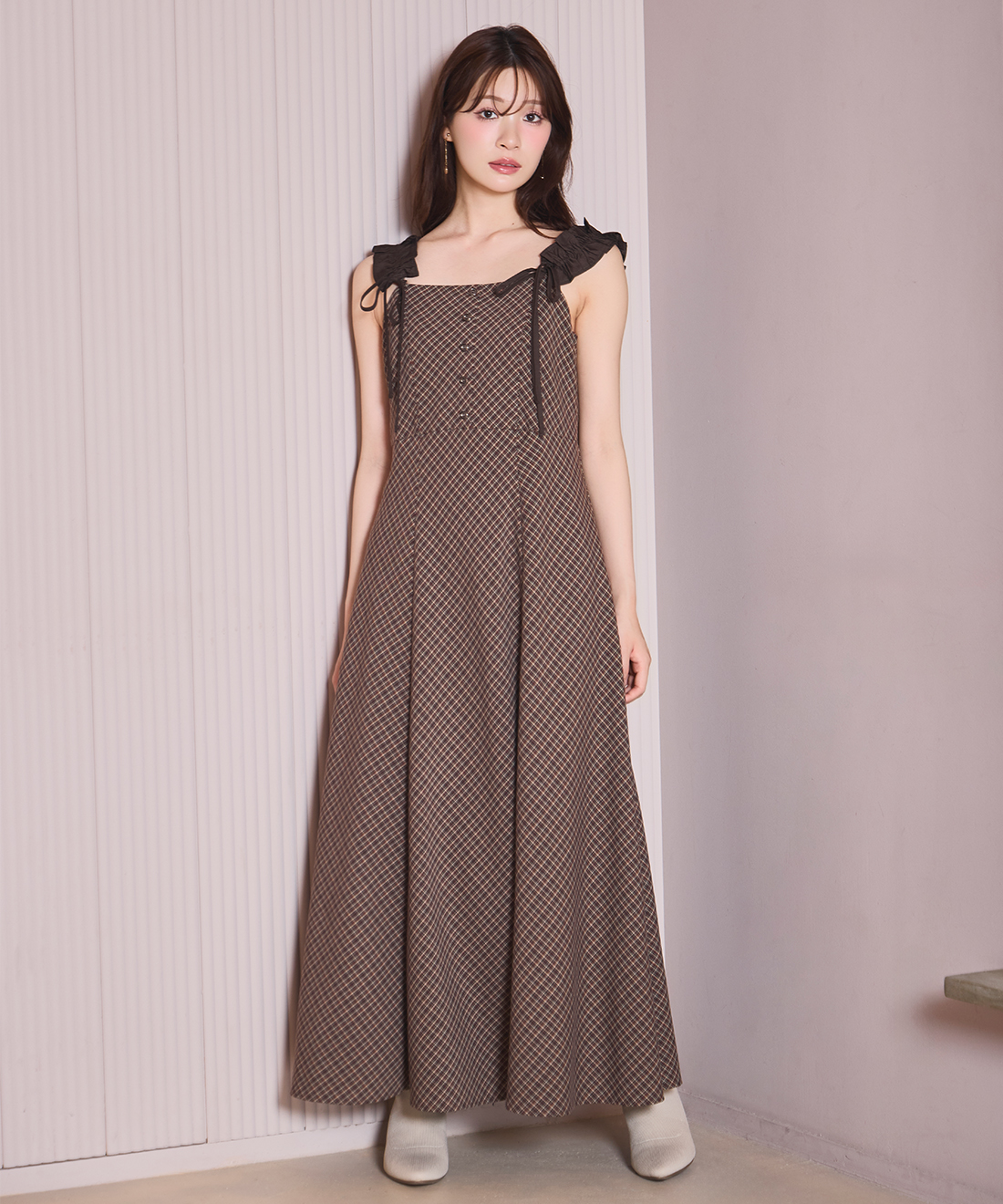 ◆極美品◆ リリアンカラット　チェック柄　ニットタンクワンピース　ブラウン ダーリッチ Darich ビッグカラーギンガムチェックニットロング