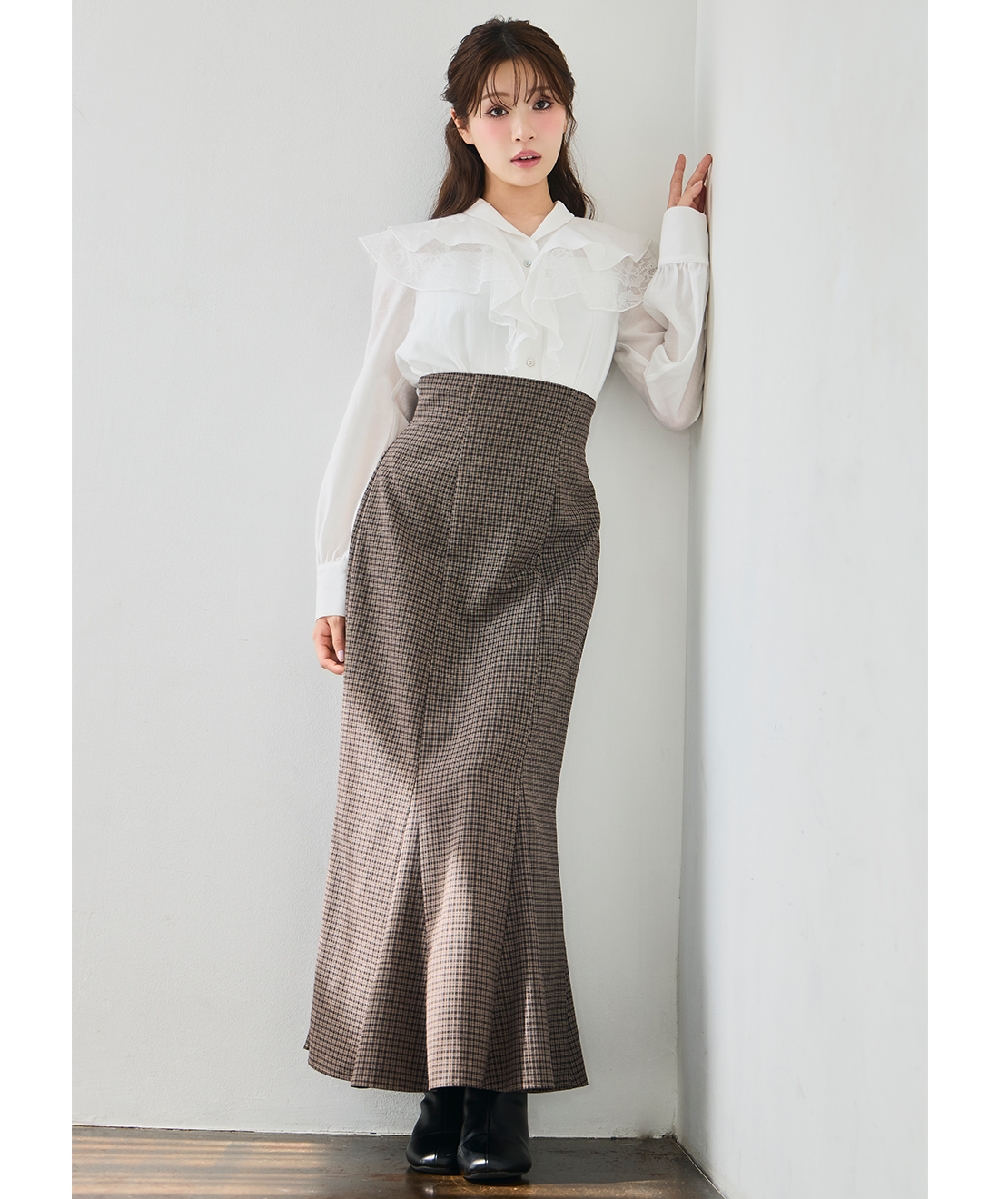 LILIAN CARAT チェックマーメイドスカート 1 グレージュ 1月中旬入荷予定同型LILLIAN CARAT 【低身長サイズあり