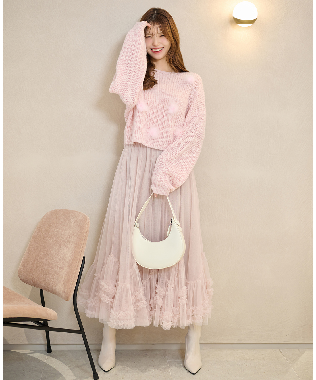 美品 ウィムガゼット チュールフリルスカート ピンクベージュ ペチコート付 F 美品 ウィムガゼット チュールフリルスカート ピンクベージュ