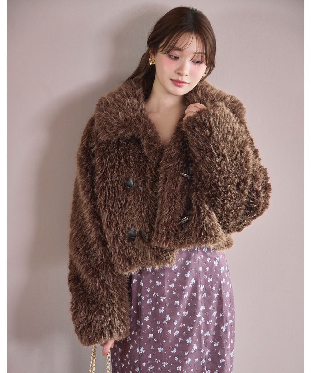 【TED BAKER】ハーフコート Pコート　フェイクファー　ベルト　ネイビー ノーカラーショートフェイクファーコート[品番：OUTW0000163