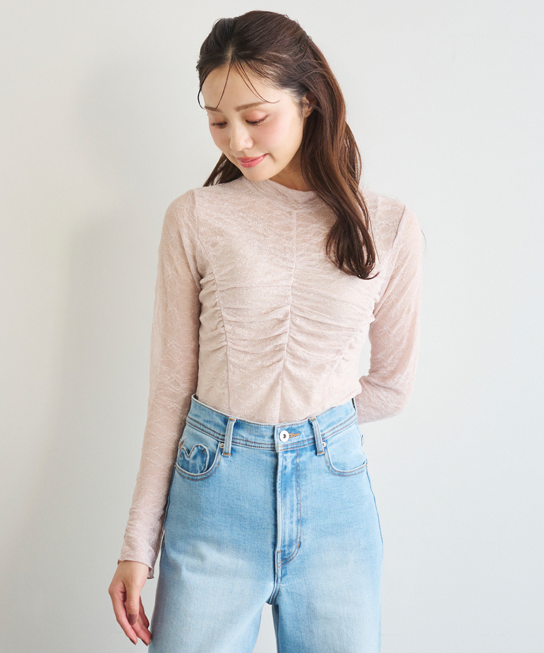 マメ クロゴウチ　パイルジャガードニッテッドハイネックトップ　ピンク Nature Pattern Sheer Knitted High Neck Top-ネーチャー