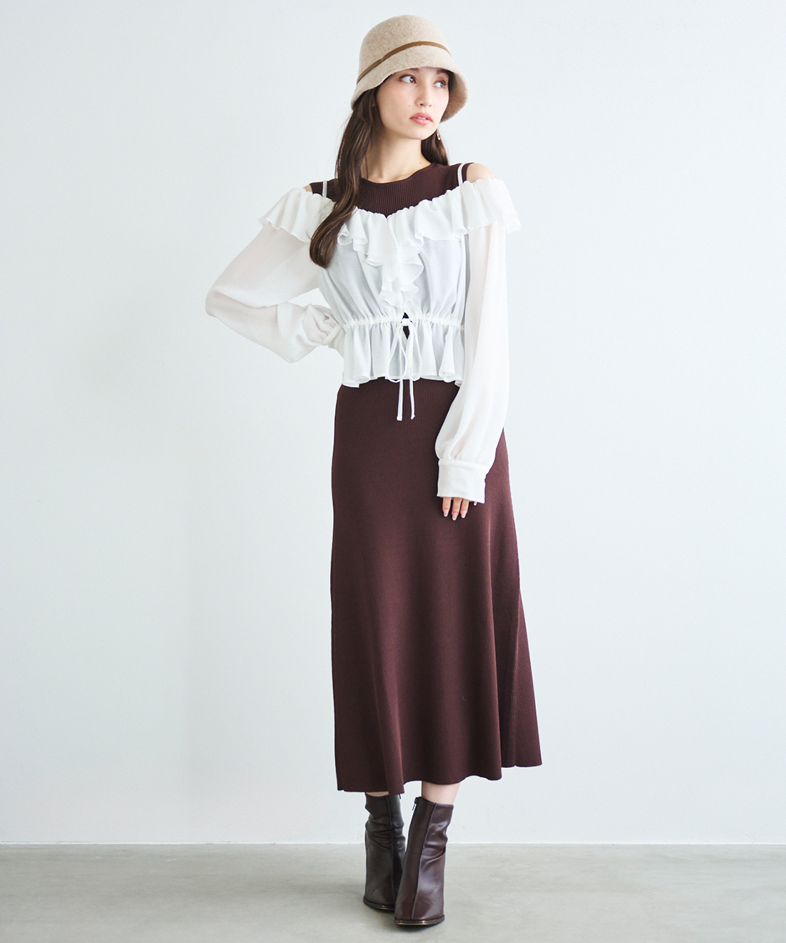 45R ★フロート二重天竺フリル ワンピース ダブルフェイス ゆき様専用】45R フロート二重天竺フリルワンピース