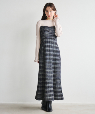 【ONLINE限定 低身長サイズあり】ツイードニットドッキングワンピース