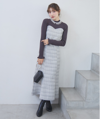 【ONLINE限定 低身長サイズあり】ツイードニットドッキングワンピース