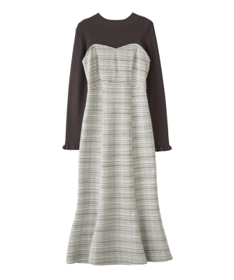 【ONLINE限定 低身長サイズあり】ツイードニットドッキングワンピース