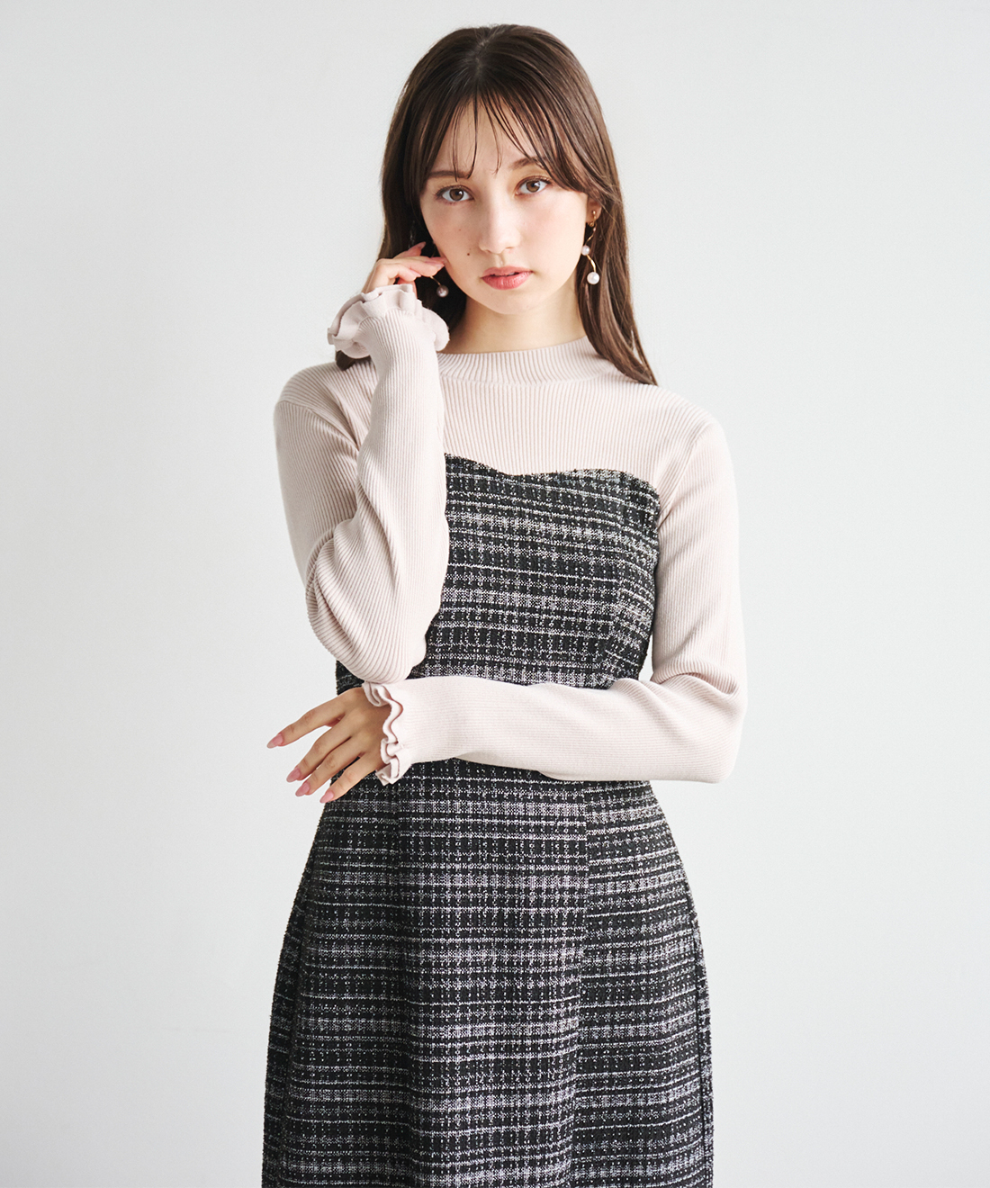 ONLINE限定 低身長サイズあり】ツイードニットドッキングワンピース