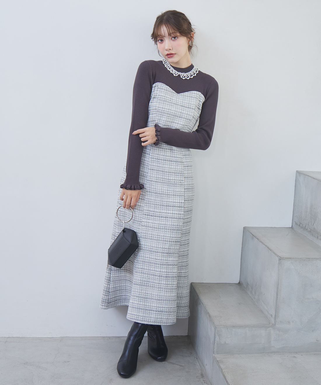 Étoile Check tweed ワンピース ONLINE限定 低身長サイズあり】ツイードニットドッキング