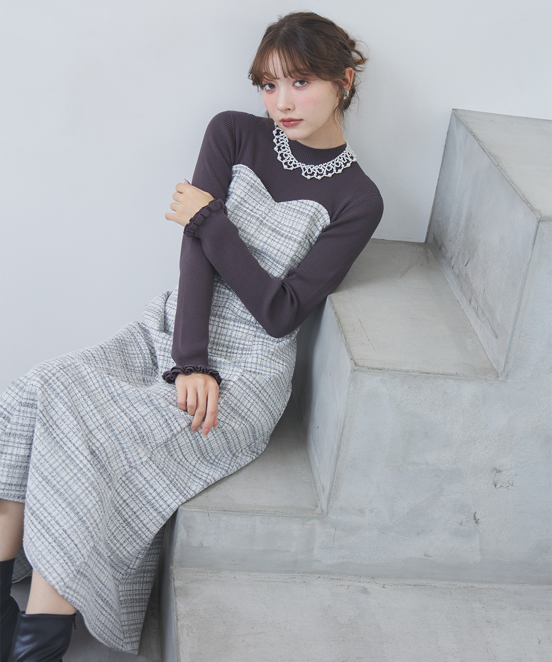 ONLINE限定 低身長サイズあり】ツイードニットドッキング
