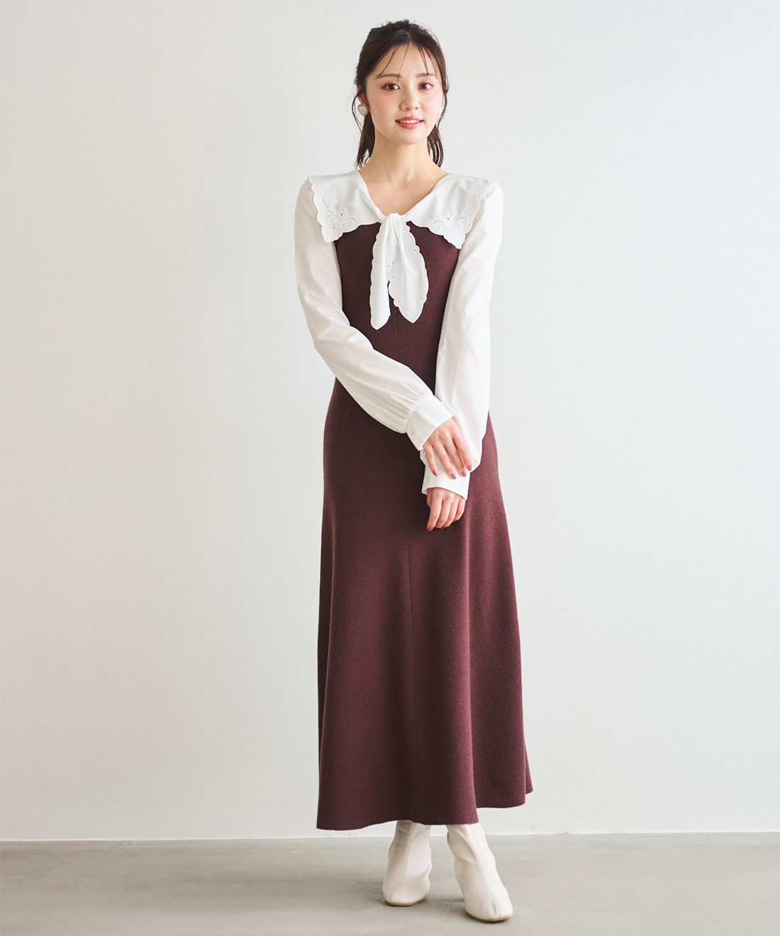 美品✨マルニ フラワーエンブロイダリーニットワンピース　38 ピンク エンブロイダリーカラーニットドッキングワンピース｜PETAL
