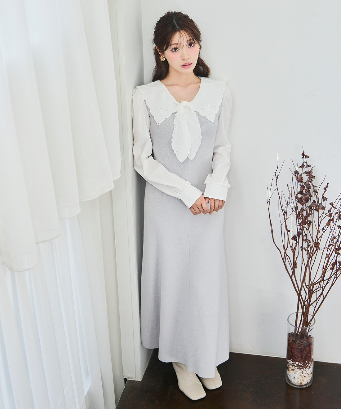 リリアンカラット コードエンブロイダリーワンピース ネイビー LILLIAN CARAT コードエンブロイダリーワンピース | FLAT 1F