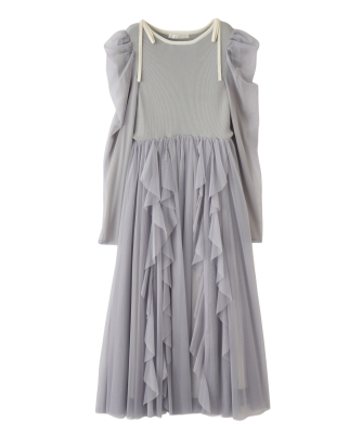 チュールティアードフリルニットドッキングワンピース