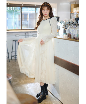 チュールティアードフリルニットドッキングワンピース