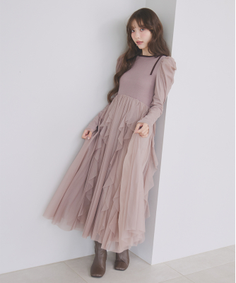 チュールティアードフリルニットドッキングワンピース