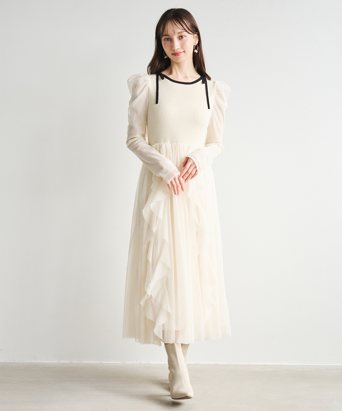 ワンピース Dolce Vita Pleated Dress チュールティアードフリルニットドッキングワンピース｜PETAL
