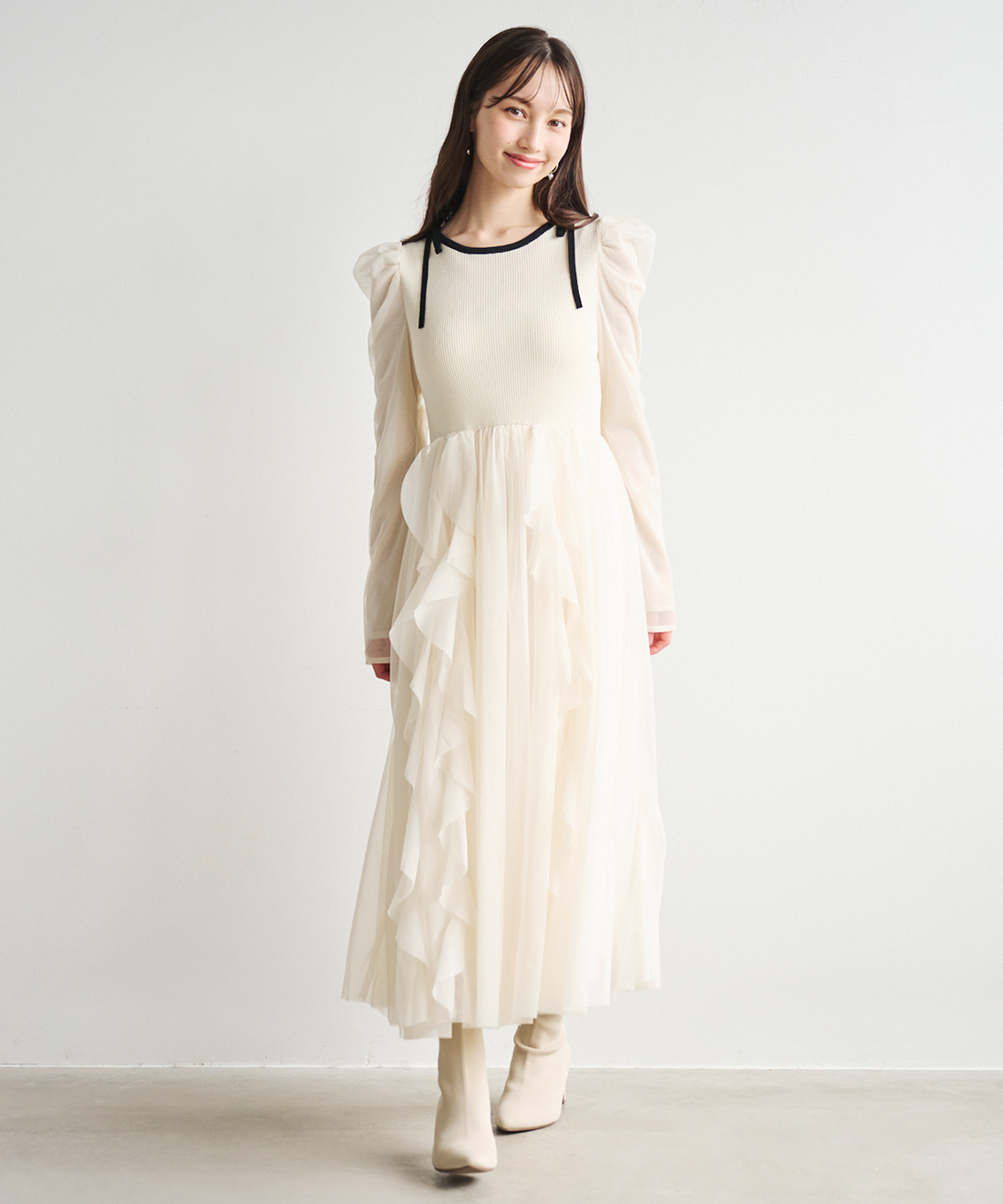 LILIAN CARAT チュールティアードフリルニットドッキングワンピース チュールティアードフリルニットドッキングワンピース｜PETAL ONLINE