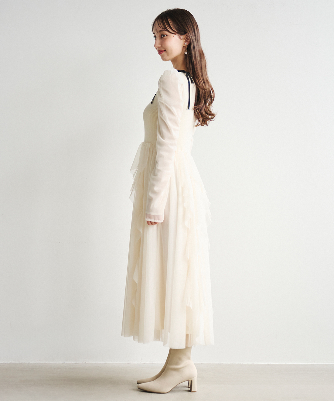 チュールティアードフリルニットドッキングワンピース｜PETAL