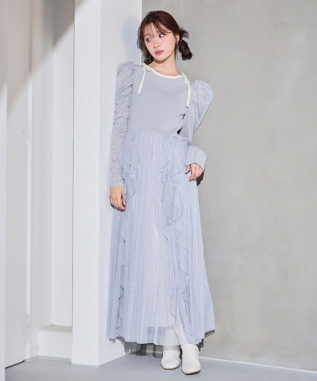 チュールティアードフリルニットドッキングワンピース｜PETAL