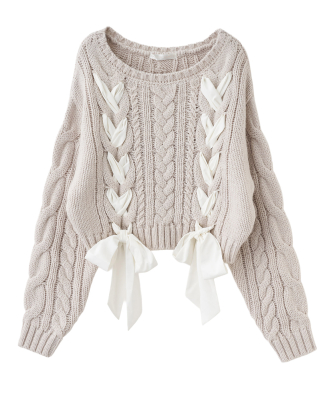 レースアップデザインケーブルニット