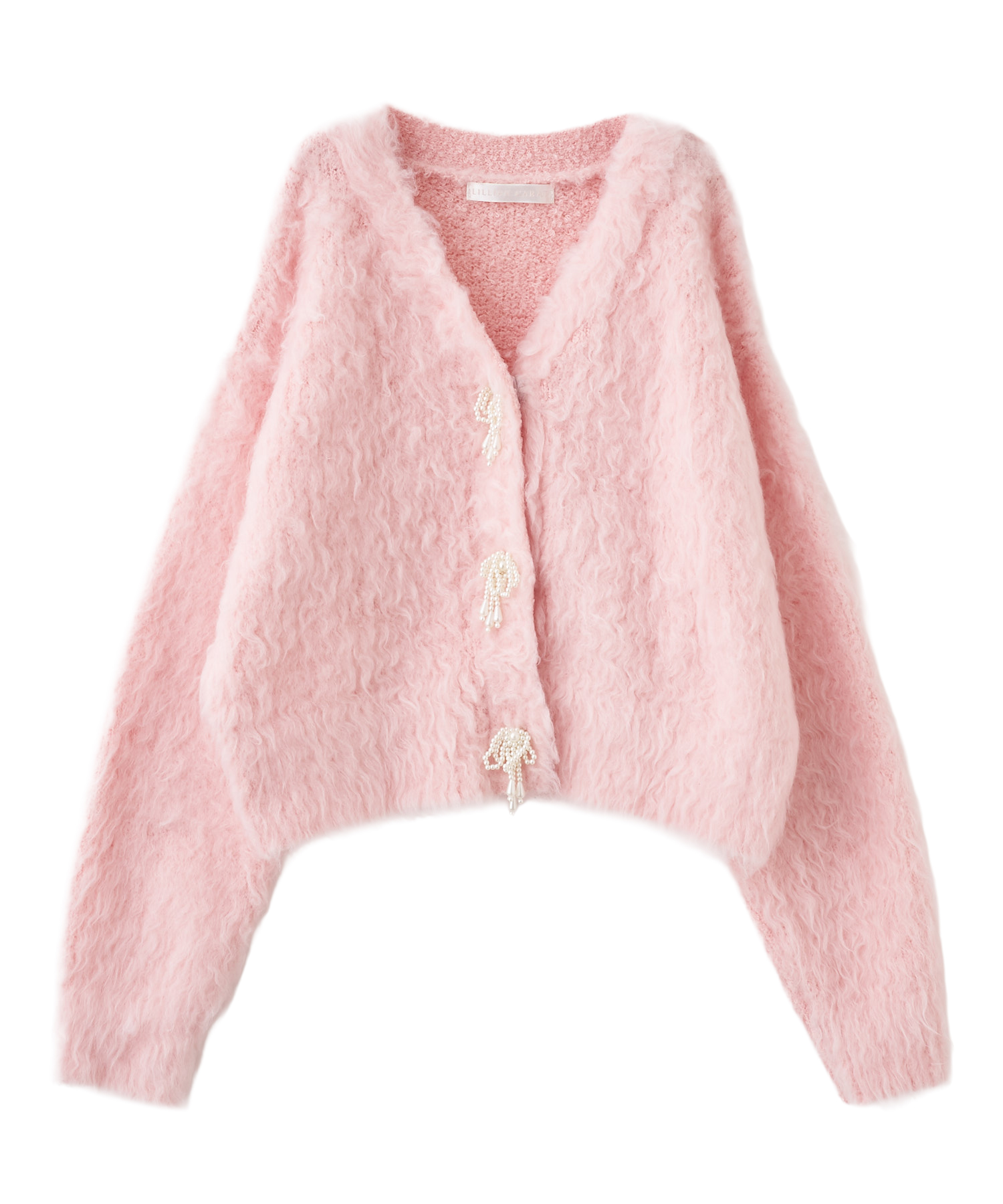 【新品未使用】lillian carat パールリボンシャギーニットカーディガン WEEKEND SALE対象品番】パールリボンシャギーニットカーディガン