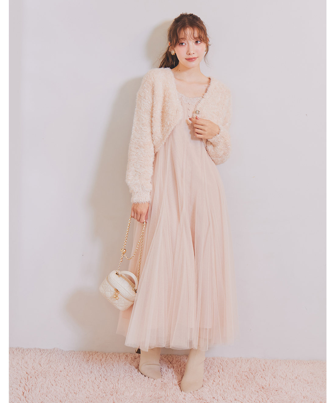 シャギーニットボレロ＆チュールキャミワンピースセット｜PETAL ONLINE