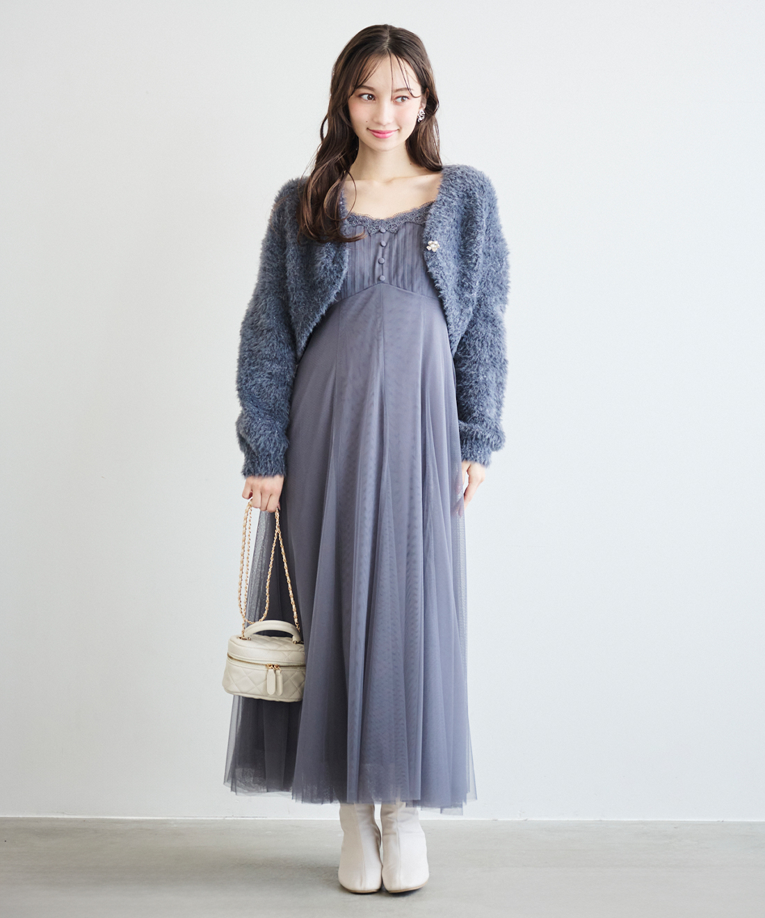 シャギーニットボレロ＆チュールキャミワンピースセット｜PETAL ONLINE