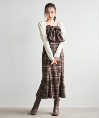 ニットドッキングチェック柄ワンピース