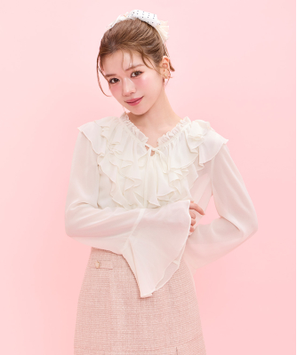 hyeonヘヨン フラワーペタルブラウス ピンク フリル 上品 大人可愛い ティアードフリルブラウス｜PETAL ONLINE（ペタルオンライン）