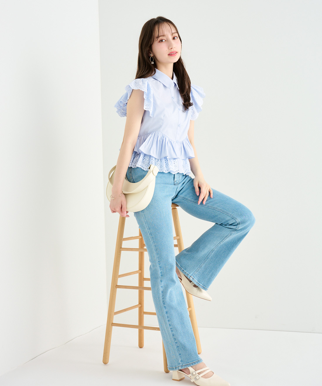 美品 Merlette マーレット コットン ペプラムブラウス 水色 XS ヘムレースペプラムシャツ｜PETAL ONLINE（ペタルオンライン）