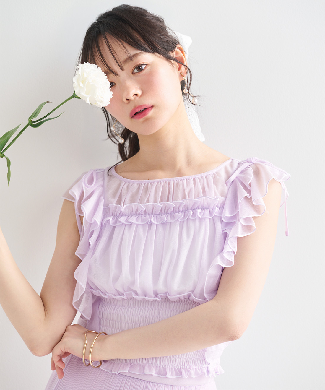 紫のチューリップ　ギャザーたっぷりフリルタンクトップハンドメイド シャーリングフリルトップス｜PETAL ONLINE（ペタルオンライン）