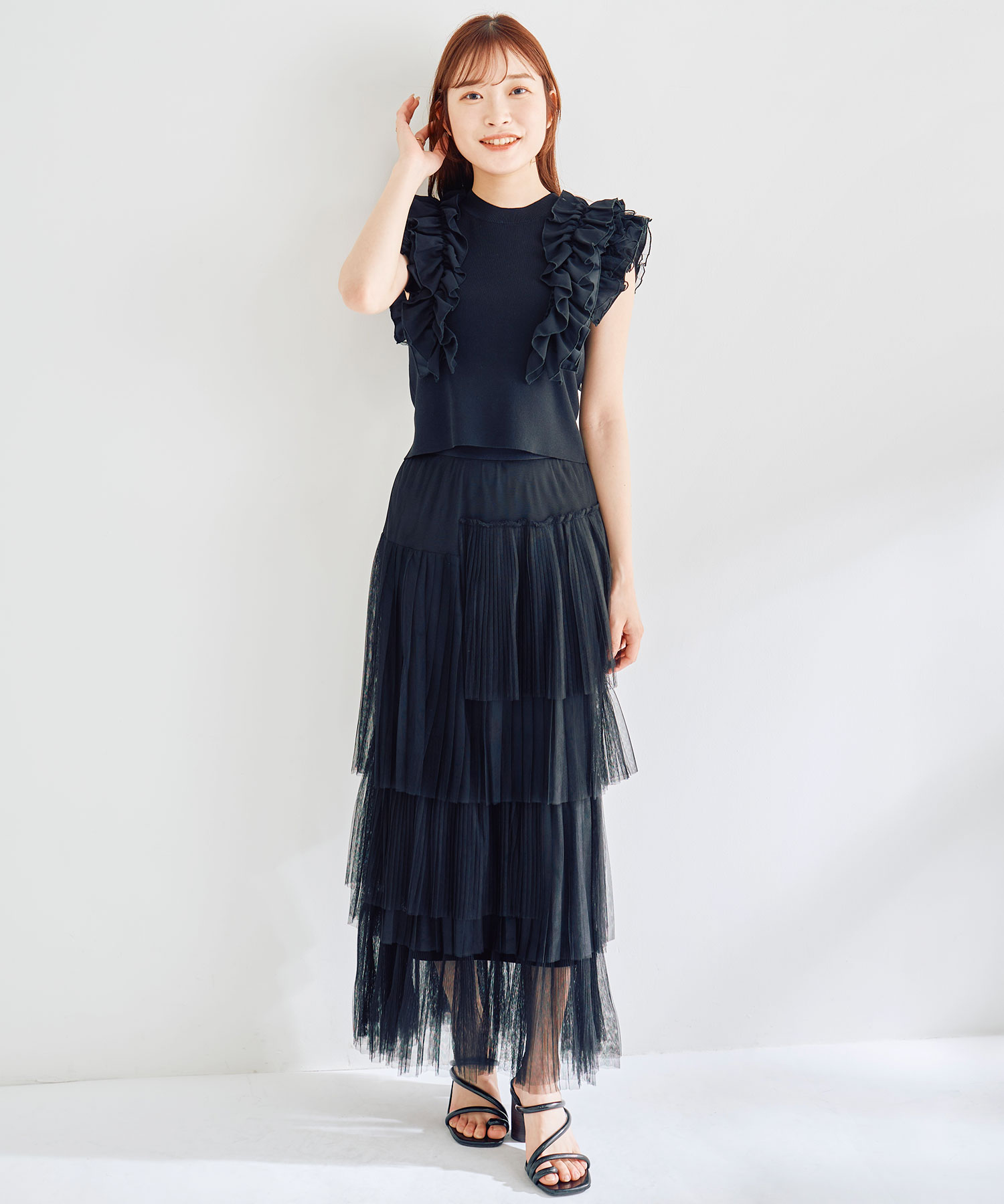 WEEKEND SALE対象】プリーツミックスチュールティアードスカート