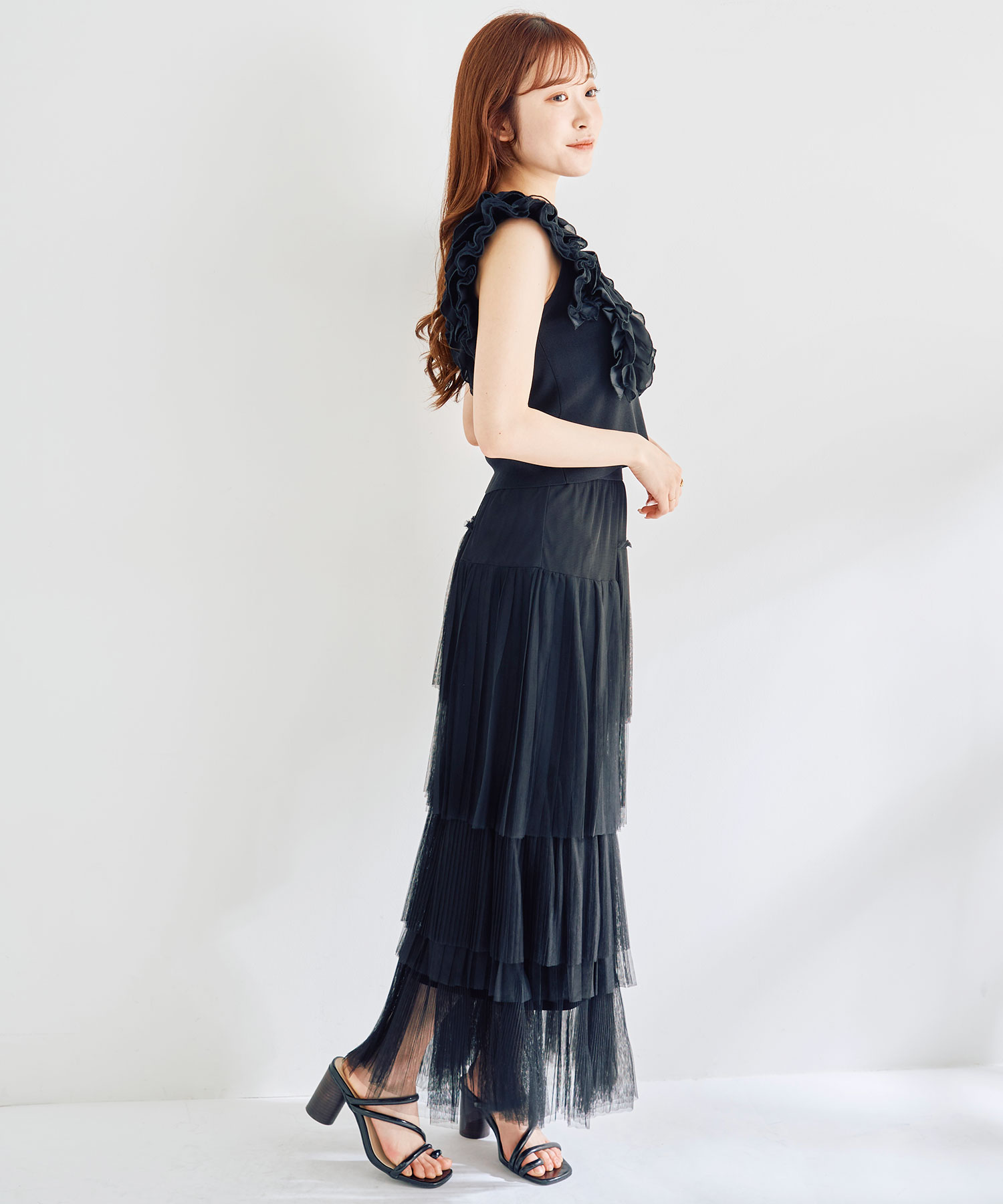 WEEKEND SALE対象】プリーツミックスチュールティアードスカート