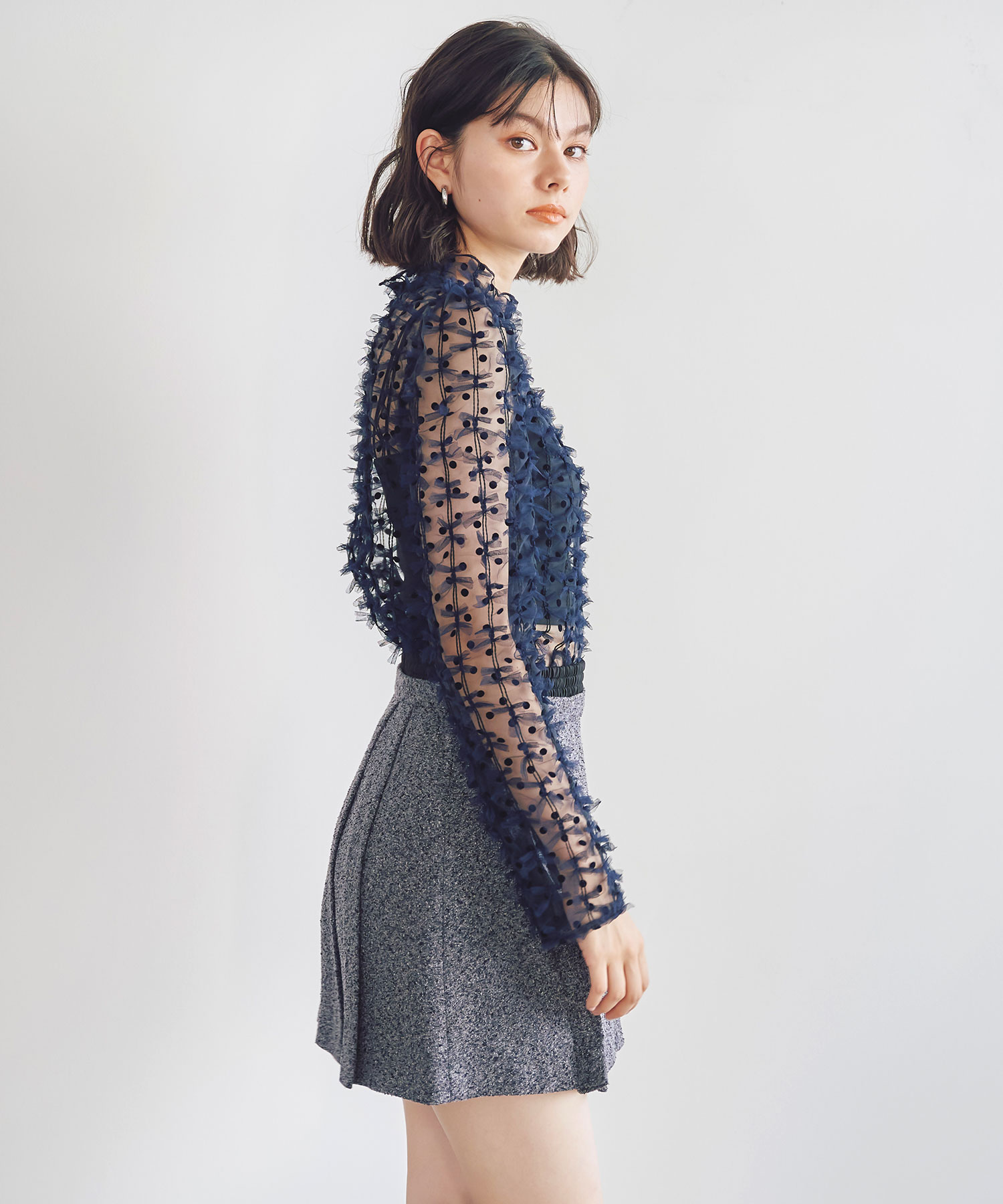 リボンドットチュールパフスリーブリブTOPS｜PETAL ONLINE