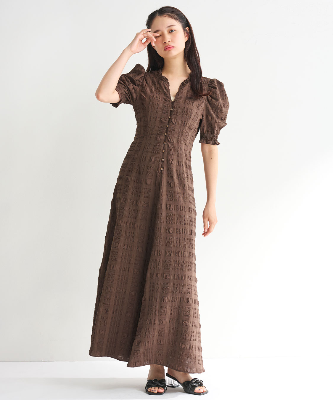 【BAON】Gaven Check Ribbon Long Tiered One Piece jacquard check ribbon onepiece