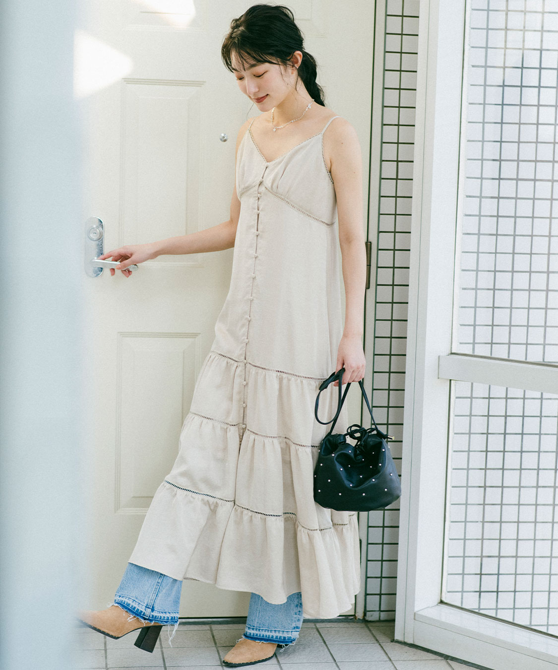 【美品！】PEARLY GATES リボン柄 ワンピース　木戸愛着用モデル 1 ERUKEI エルケイ】ドット/ ロングスリーブ/ 長袖/フリルデザイン