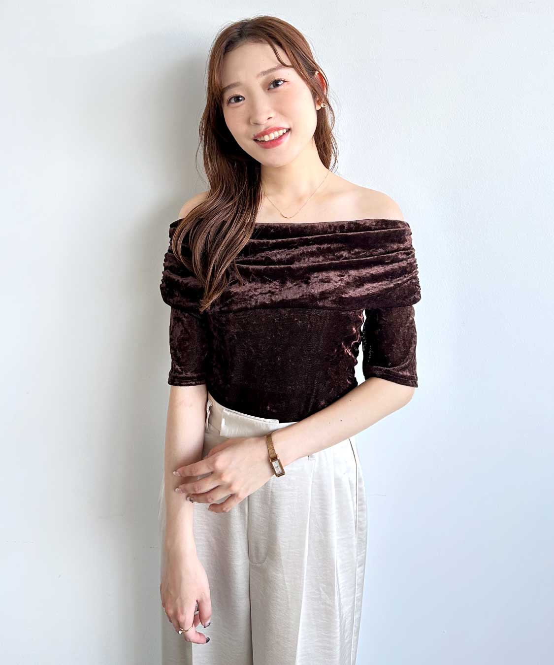 オフショルダーメッシュベロアトップス｜PETAL ONLINE（ペタル
