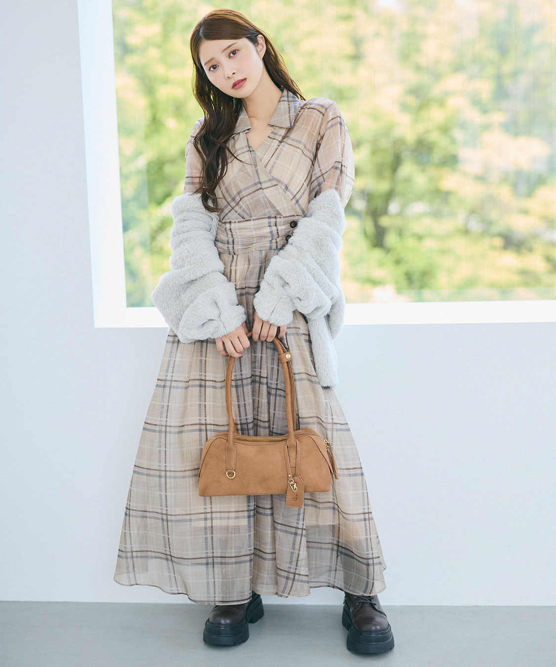 マギーさん着用　ココディール　ワンピース　チェック　ボリューム　Aライン　ロング マギーさん着用 ココディール ワンピース チェック ボリューム A