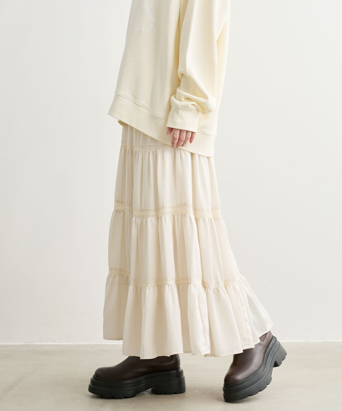 レース切替ティアードサテンスカート｜PETAL ONLINE（ペタル