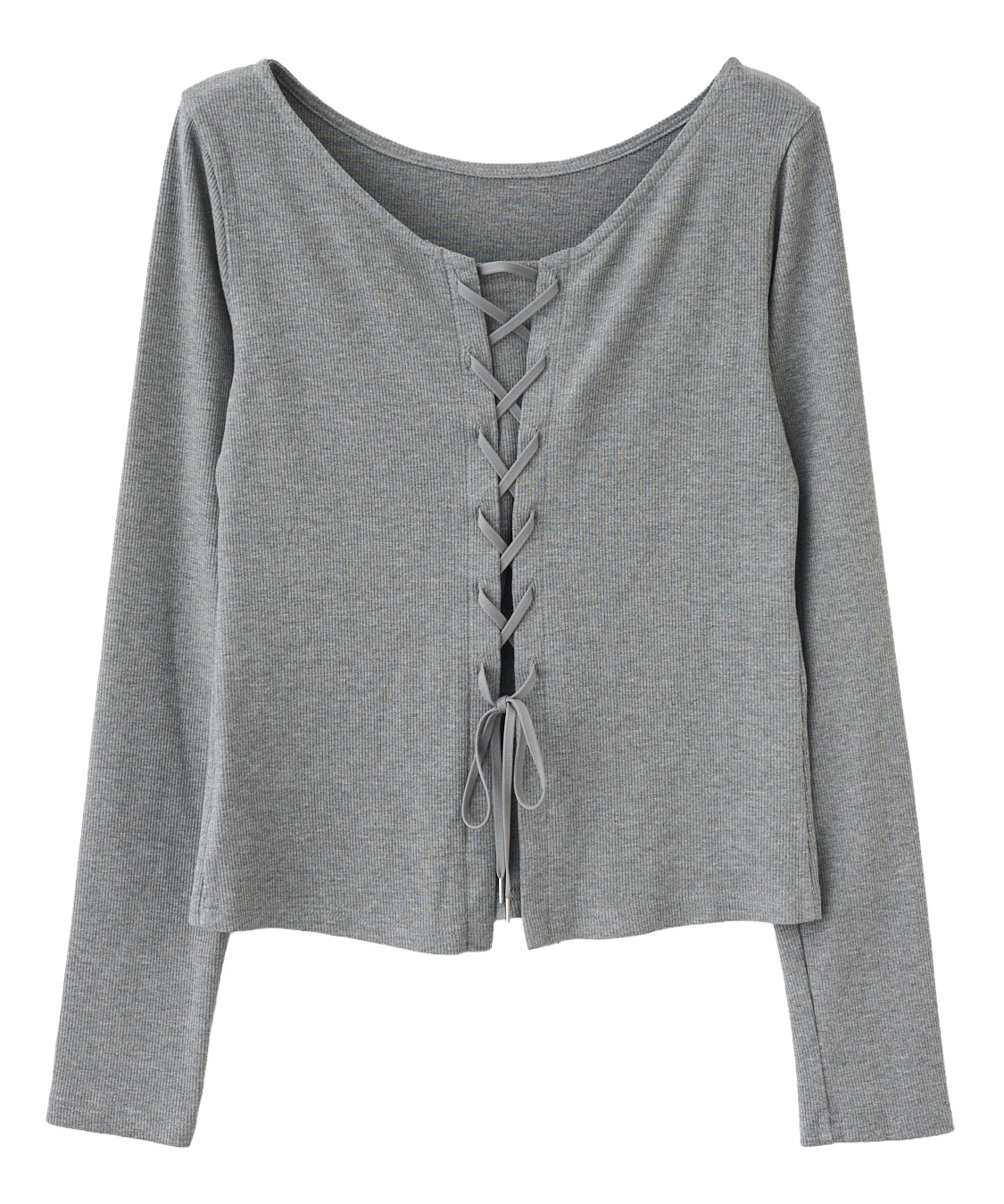 Soft sheer RIBレースアップトップス ニット セーター Center Slit Sheer Rib Polo Collar Top