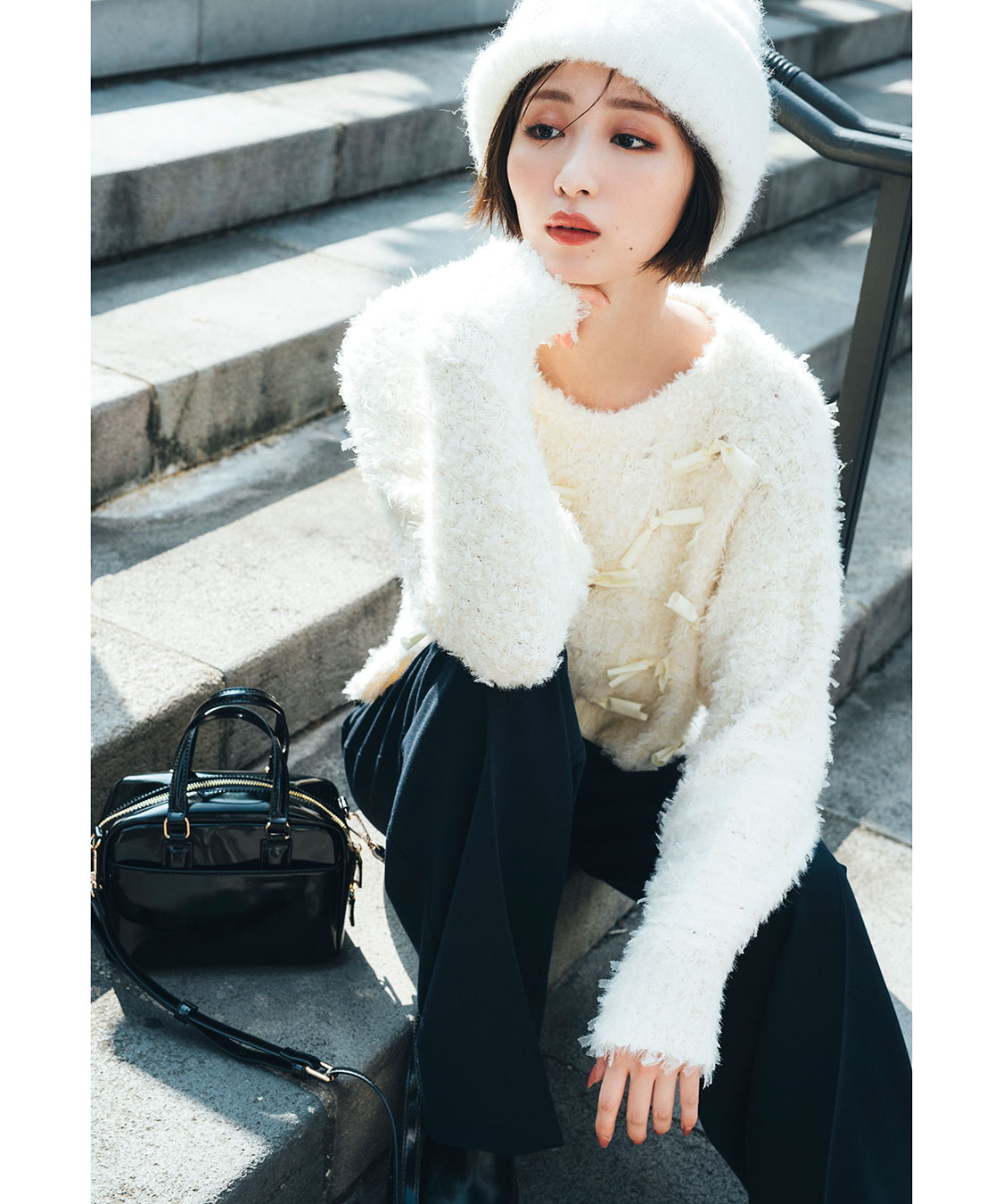 チーゼル起毛 ニットカーディガン パールビジューボタンレスニットカーディガンxyf041631 ブラウン