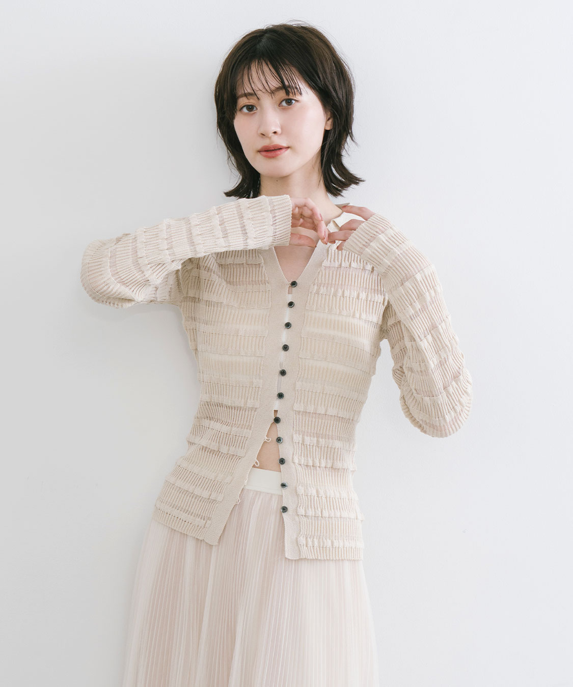 ミュベール パールボタン バックプリーツ カーディガン 星 ボーダー ネイビー ミュベール パールボタン バックプリーツ カーディガン 星