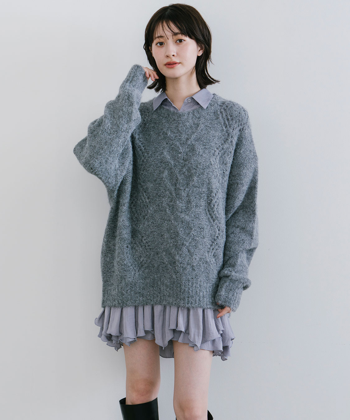 ケーブルニット×ペプラムシャツミニワンピース ケーブルニット×ペプラムシャツミニワンピース｜PETAL ONLINE（ペタル