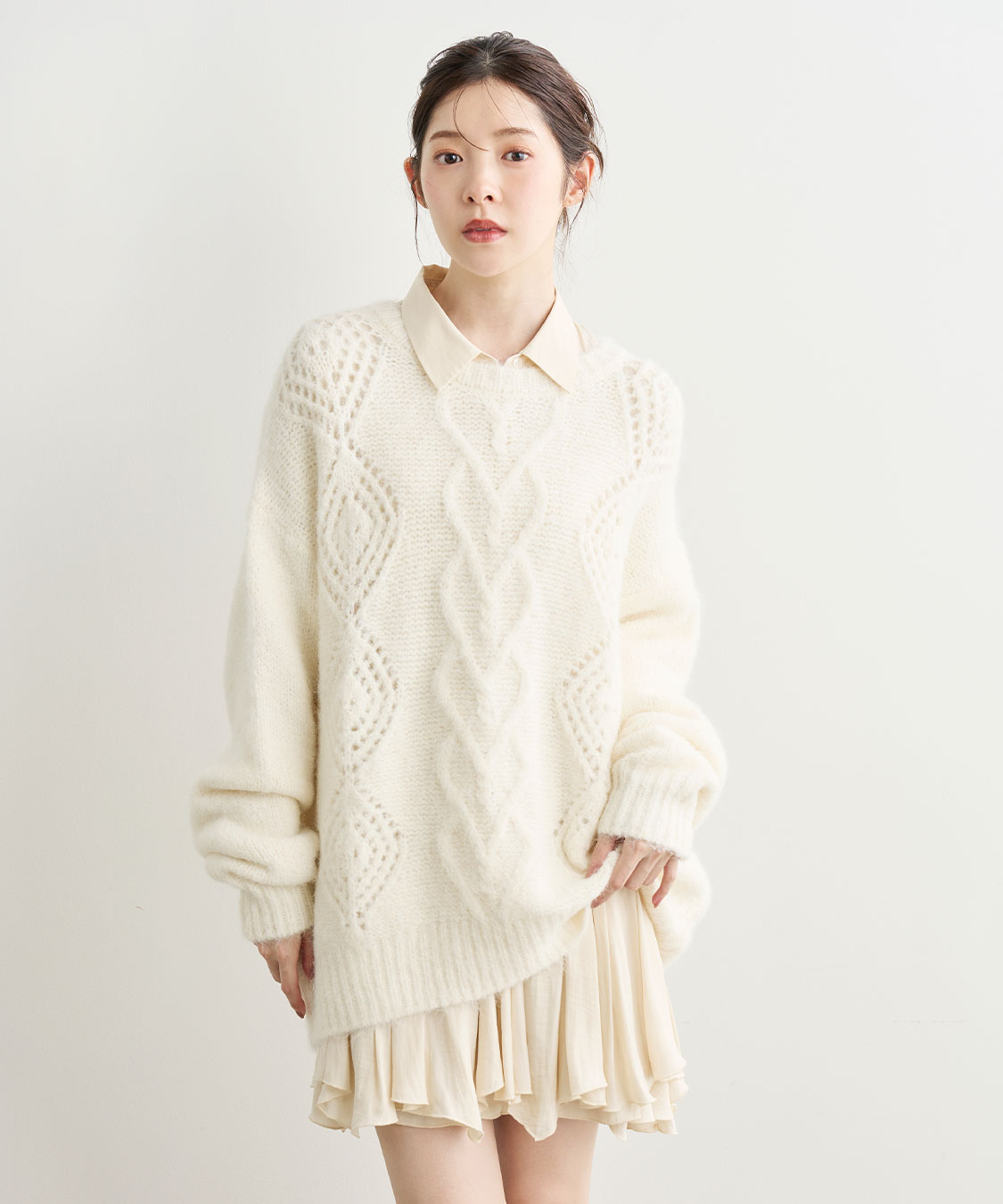 ケーブルニット×ペプラムシャツミニワンピース｜PETAL ONLINE（ペタル