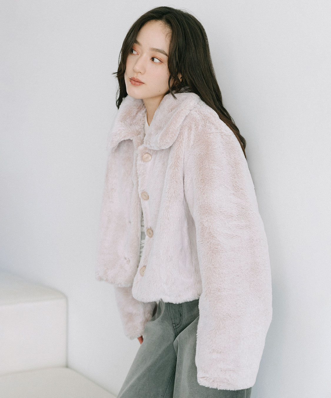 Luan ファー風ショートジャケット クリーム色 LIAN（リアン） ブルゾン アウター プードルファーカラーショート