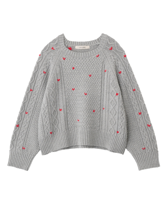 ハート刺繍ケーブルニット
