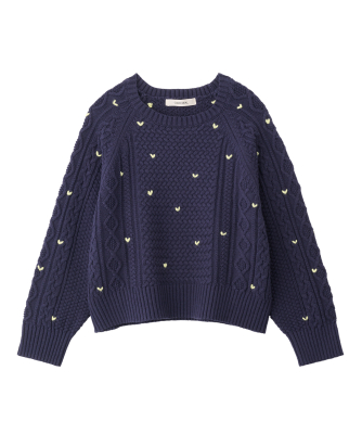 ハート刺繍ケーブルニット