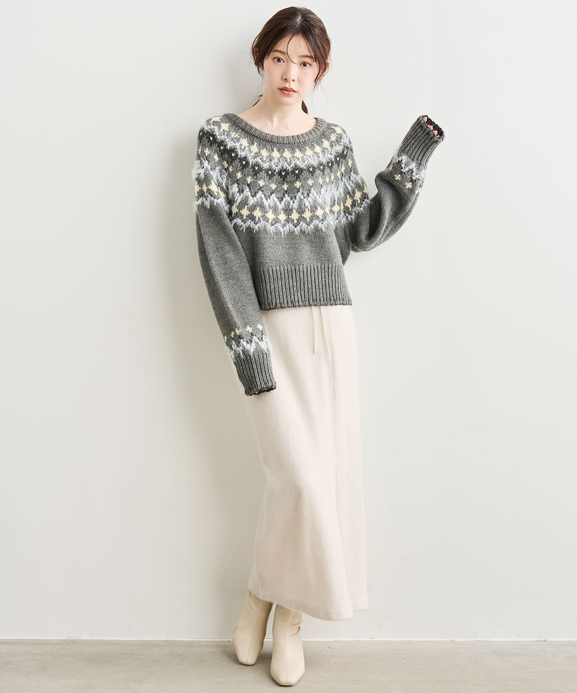 ノルディック柄 ベージュ 半袖ニット ウール100%ニットノルディック柄プルオーバー（so）の商品詳細