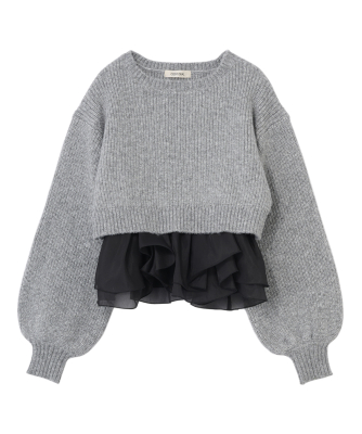 ペプラムブラウス×パフスリーブニットセット