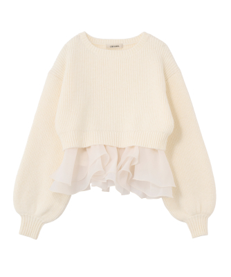 ペプラムブラウス×パフスリーブニットセット