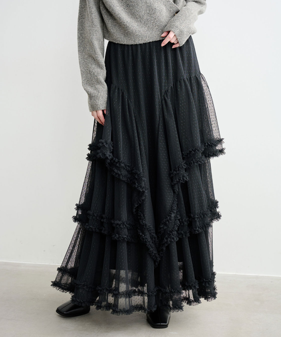 未使用DOMELLEドメル チュールフレアスカート巻きスカート 黒 gbe230327.jpg